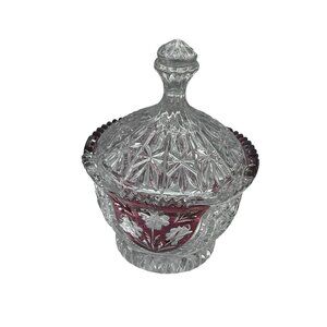 HOFBAUER Lead Crystal Lidded SUGAR BOWL Germany Red Floral Pattern Vintage